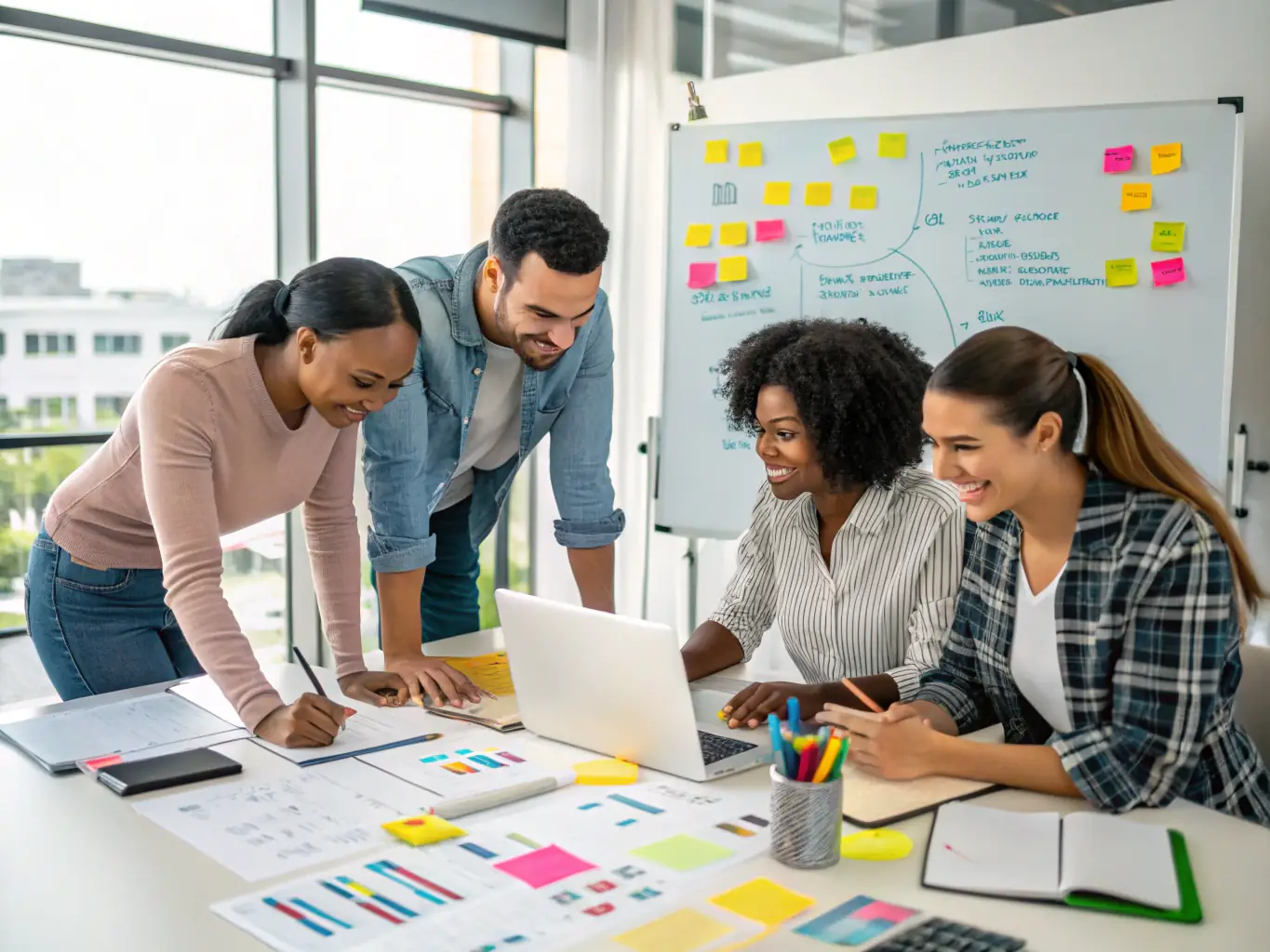 A diverse team of professionals collaborating on a project, showcasing Smartina Ltd's commitment to teamwork and innovation.